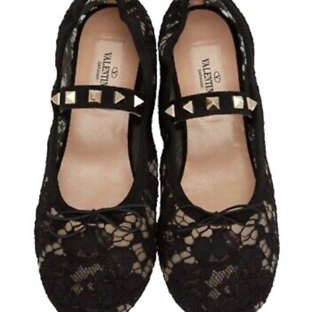 Valentino Rockstud‎ Black Lace Ballet Flats - Picture 9 of 16